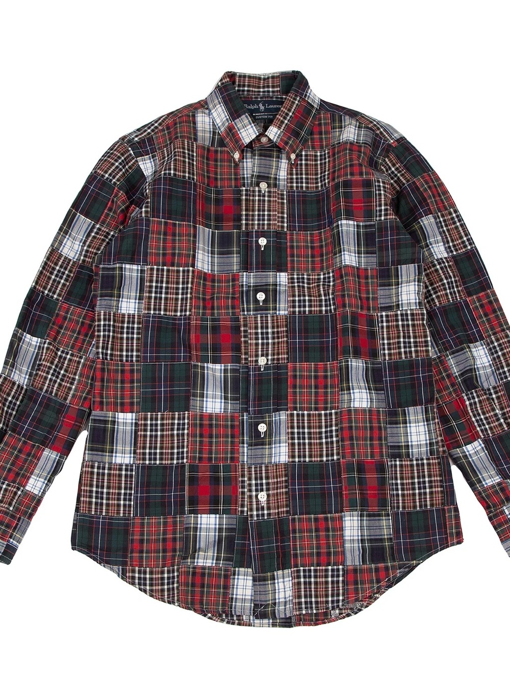 Vintage Ralph Lauren Men’s Red and Green Patchwork Plaid Button-Down Shirt